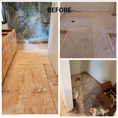 New flooring and countertop installation in a bathroom - Before